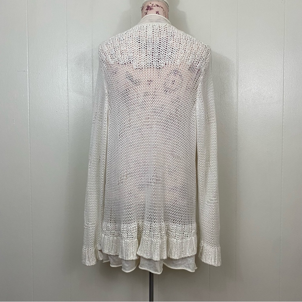 Chico’s sz:3 Off-White Knit Cardigan Ruffle Sleeve Distressed Style - Picture 7 of 14